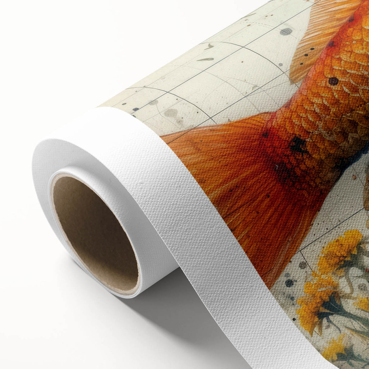Vibrant marine life wall art design on rolled canvas, showcasing colorful fish and oceanic patterns, ideal for coastal-themed decor and art enthusiasts.