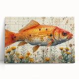 Vibrant stretched canvas wall art showcasing a variety of marine life fish designs, perfect for ocean-themed decor, leaning against a neutral wall background.