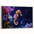 Framed canvas wall art showcasing vibrant marine life fish design, featuring a black frame and side view, perfect for ocean-themed decor.