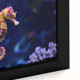 Close-up of a framed canvas wall art piece showcasing vibrant marine life fish designs, featuring intricate details and vivid colors, perfect for ocean-themed decor.