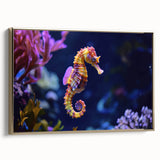 Framed wall art showcasing a vibrant marine life fish design, featuring intricate details and a gold frame, perfect for enhancing coastal-themed decor.