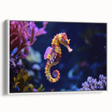 Framed canvas wall art showcasing a vibrant marine life fish design with colorful aquatic elements set against a white background, ideal for ocean-themed decor.