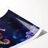 Vibrant marine life wall art print showcasing colorful fish designs against a deep blue background, ideal for ocean-themed decor, rolled for easy display.