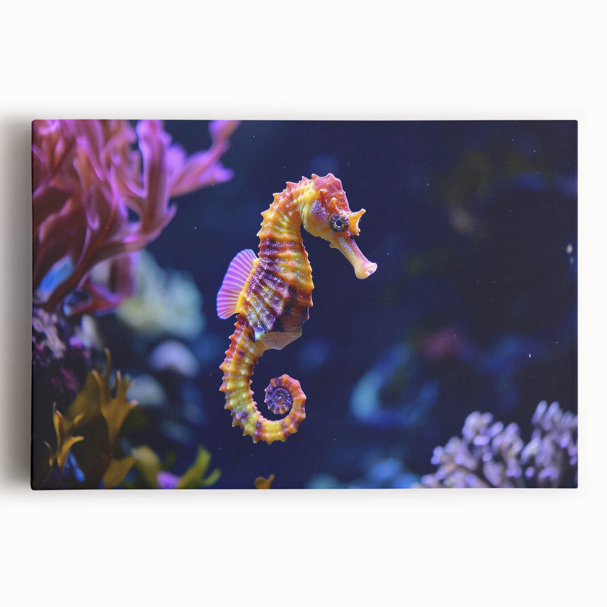 Vibrant marine life wall art featuring colorful fish designs on stretched canvas, ideal for ocean-themed decor, adding a lively touch to any room.