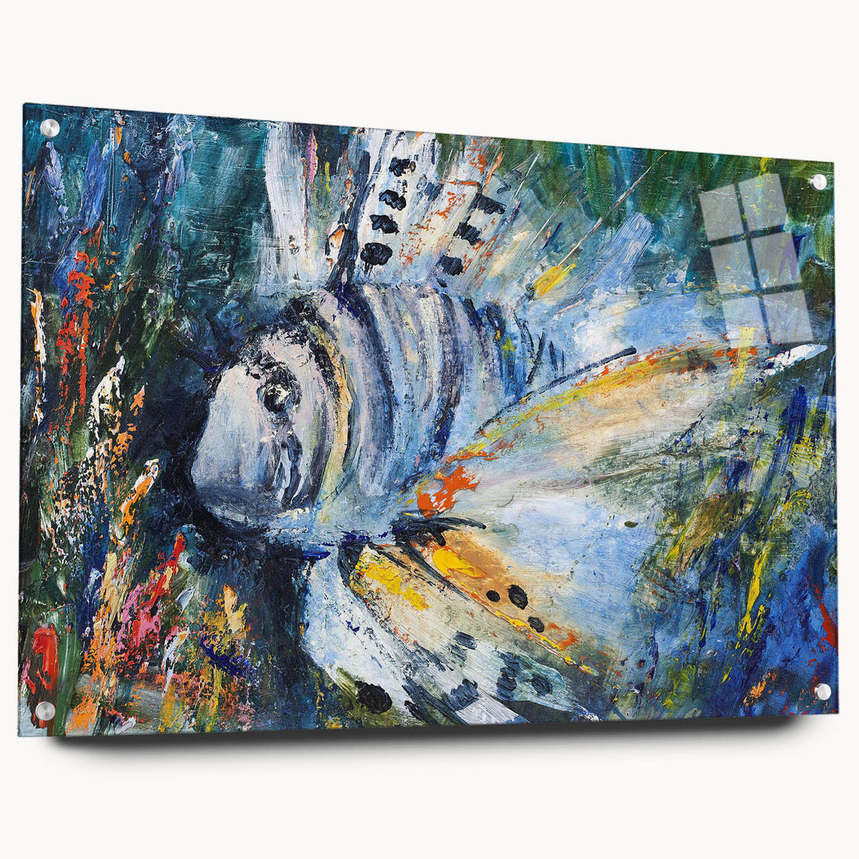 Vibrant marine life wall art design showcasing colorful fish and aquatic elements displayed in an acrylic frame, adding a decorative touch to any interior space.