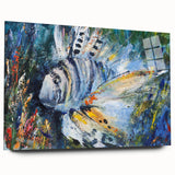 Vibrant wall art depicting colorful marine life fish design on acrylic glass, showcasing intricate details and vivid colors, ideal for ocean-themed decor.