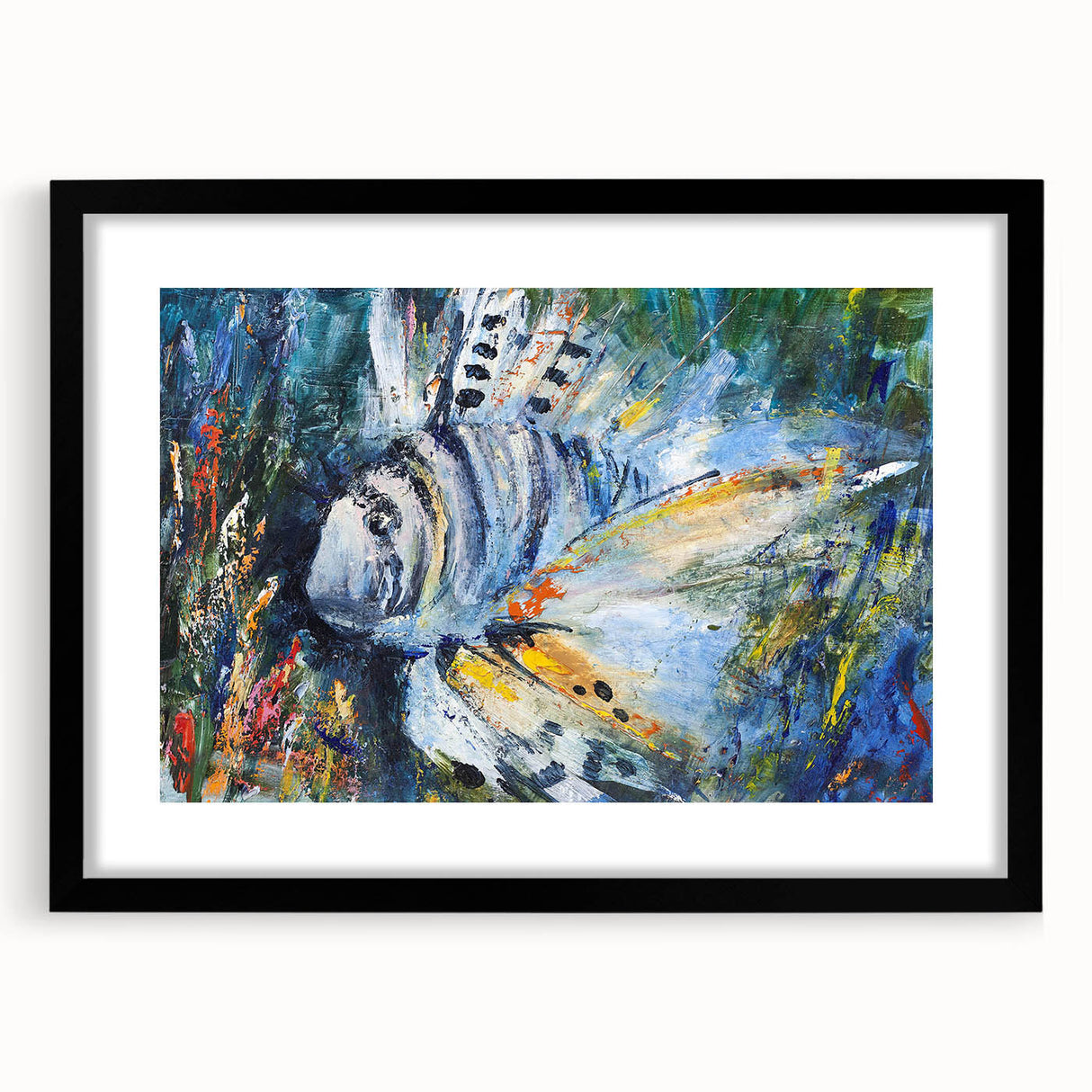 Black framed wall art showcasing a vibrant marine life fish design, featuring colorful aquatic creatures on a textured mat, perfect for enhancing ocean-themed decor.
