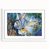 Framed wall art showcasing a vibrant marine life fish design, featuring colorful aquatic illustrations and a sleek white mat, ideal for ocean-themed decor.