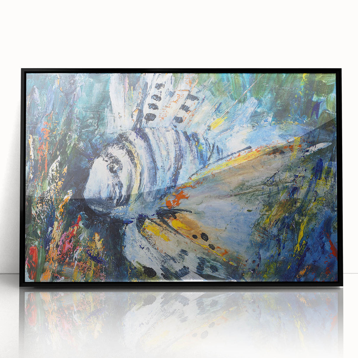 Framed acrylic wall art featuring a vibrant marine life fish design, showcasing colorful fish with intricate details against a black background, ideal for ocean-themed decor.