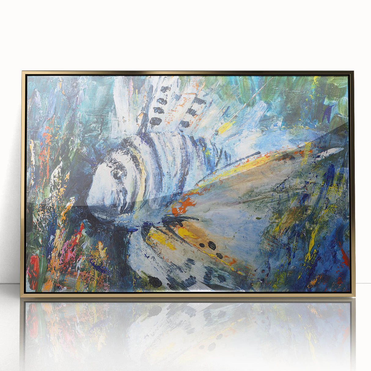 Framed acrylic wall art featuring a vibrant marine life fish design, showcasing colorful aquatic creatures against a sleek gold background, ideal for ocean-themed decor.