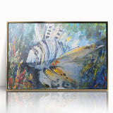Framed acrylic wall art featuring a vibrant marine life fish design, showcasing colorful aquatic creatures against a sleek gold background, ideal for ocean-themed decor.