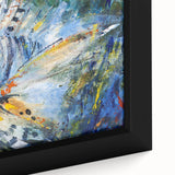 Close-up of a framed canvas wall art piece showcasing vibrant marine life fish design, featuring rich colors and detailed textures, perfect for ocean-themed decor.