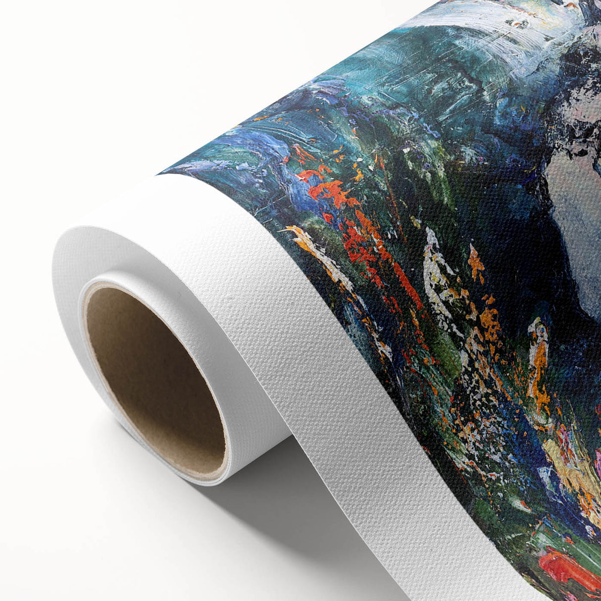 Vibrant rolled canvas artwork showcasing a marine life fish design, featuring intricate details and colorful hues, ideal for ocean-themed decor and art enthusiasts.