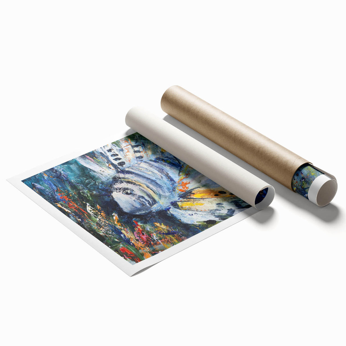 Colorful marine life wall art print showcasing various fish species in an intricate design, rolled for easy shipping and display, perfect for ocean-themed decor.