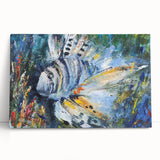 Vibrant marine life wall art featuring colorful fish designs on stretched canvas, set against a neutral background, perfect for ocean-themed decor.