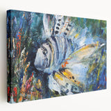 Stretched canvas wall art showcasing a vibrant marine life fish design with bold colors and intricate details, perfect for ocean-themed decor or aquatic enthusiasts.