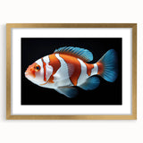 Gold-framed wall art featuring a vibrant marine life fish design with intricate details, enhancing any coastal-themed decor with a touch of elegance.