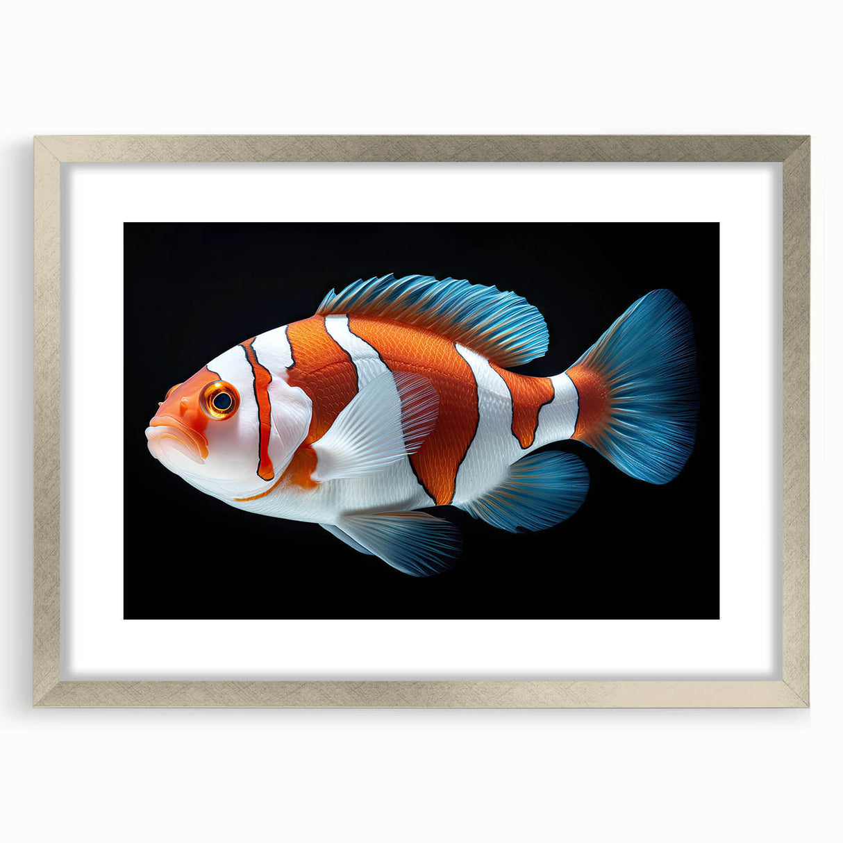 Framed wall art showcasing a vibrant marine life fish design with a silver mat, ideal for coastal-themed decor, enhancing any living space with underwater elegance.