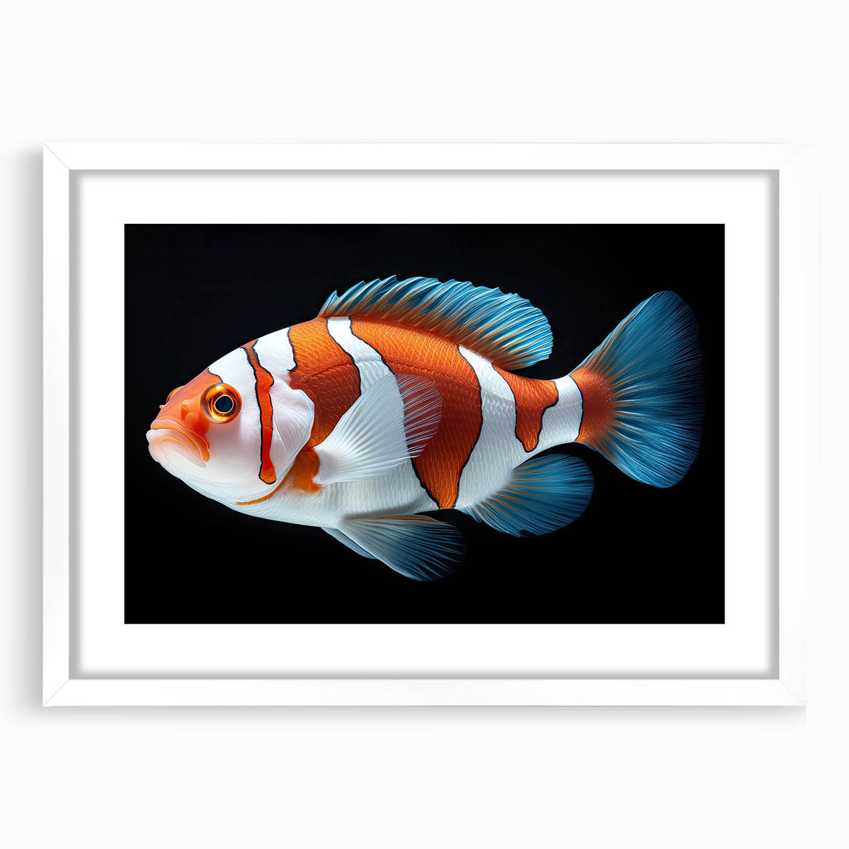 Framed wall art featuring a vibrant marine life fish design, showcasing colorful aquatic species against a white mat background, perfect for ocean-themed decor.