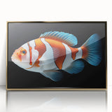 Framed wall art featuring a vibrant marine life fish design with gold accents, showcasing colorful aquatic creatures in an eye-catching display for home decor.