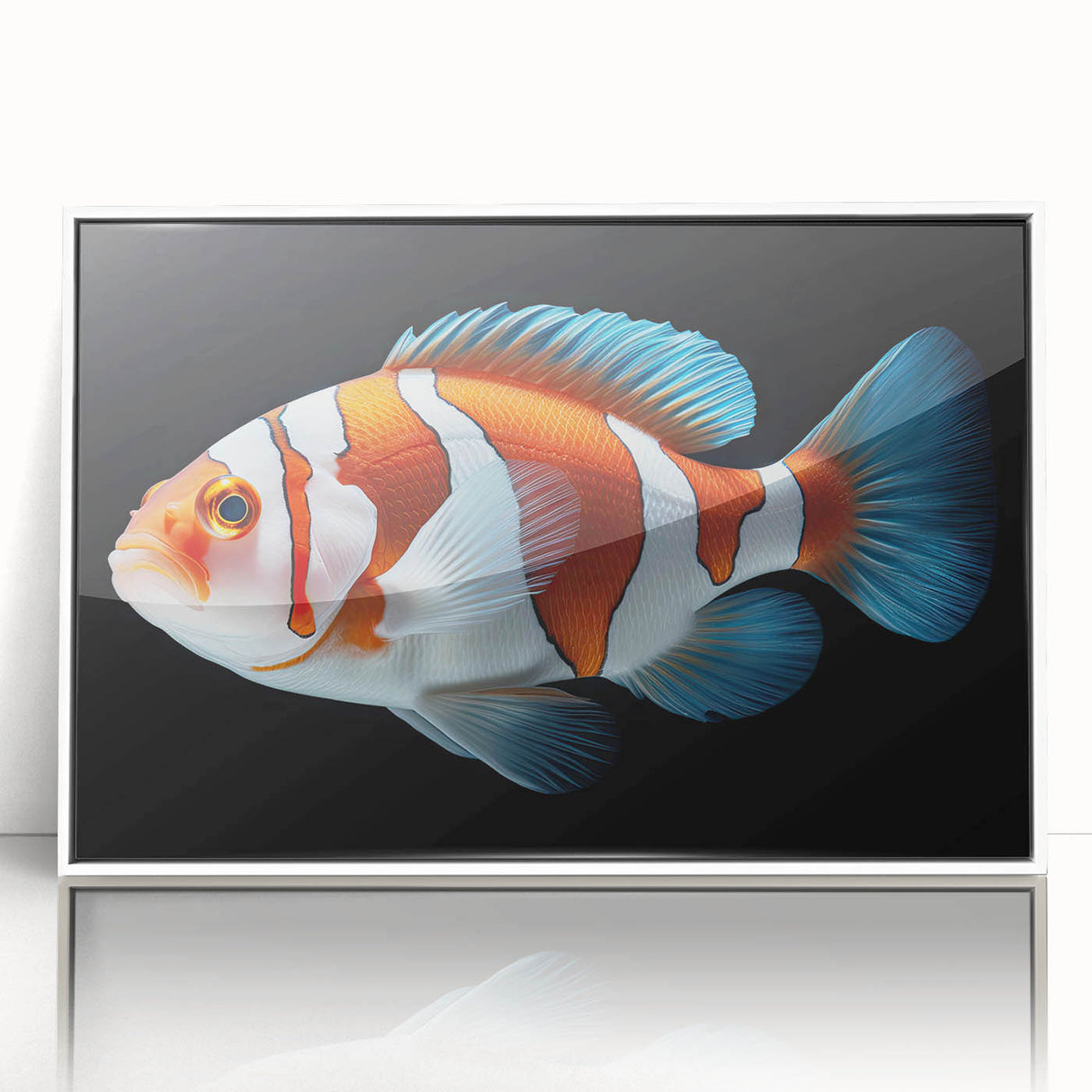 Framed wall art featuring a vibrant marine life fish design in acrylic, showcasing colorful aquatic species against a white background, perfect for ocean-themed decor.