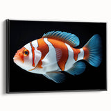 Framed canvas featuring vibrant marine life fish design in shades of blue and green, elegantly displayed from a black side view, perfect for ocean-themed decor.