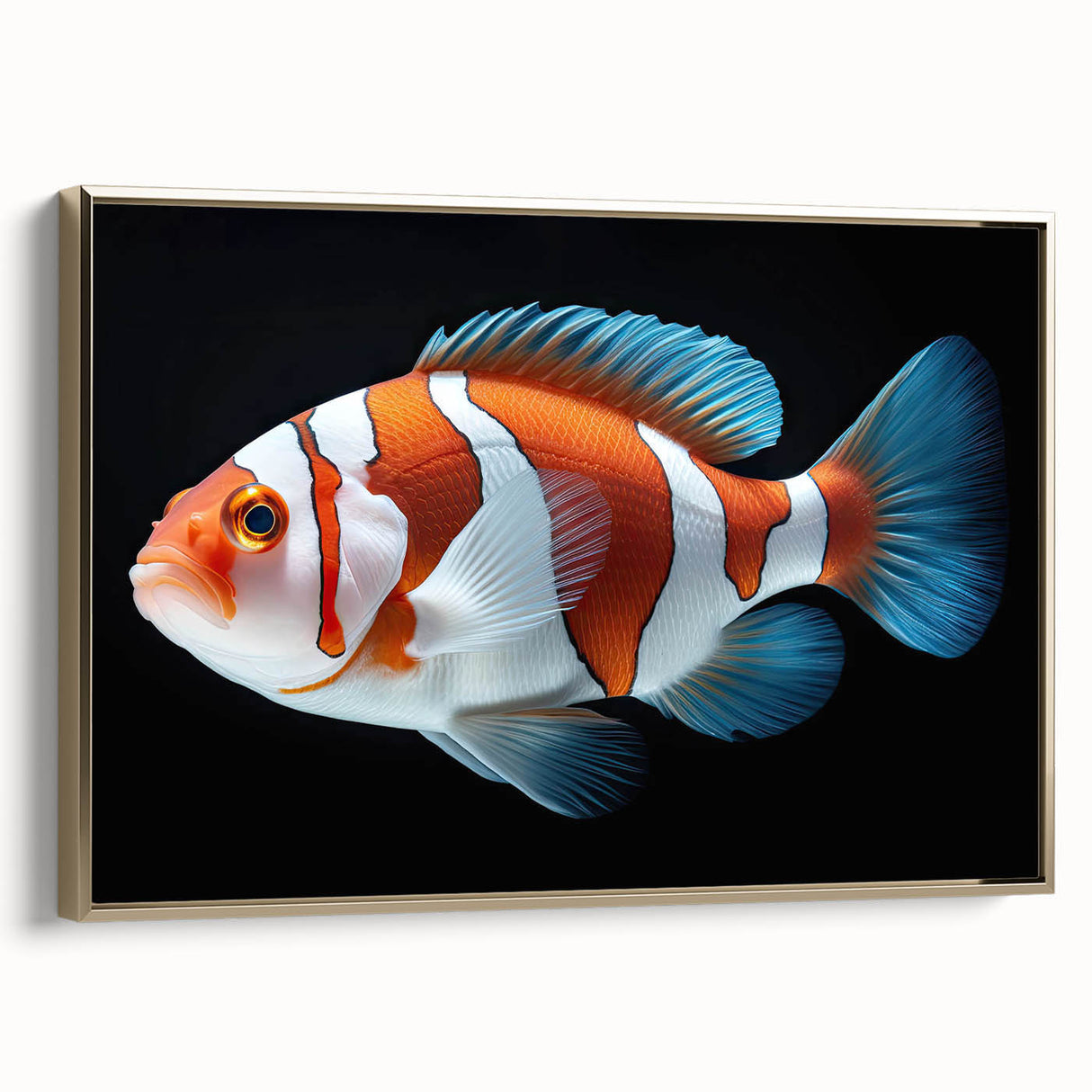 Framed canvas wall art featuring a vibrant marine life fish design in rich colors, set against a gold frame, perfect for ocean-themed decor and adding elegance to any room.