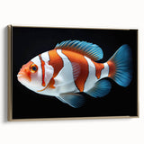 Framed canvas wall art featuring a vibrant marine life fish design in rich colors, set against a gold frame, perfect for ocean-themed decor and adding elegance to any room.