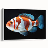 Framed canvas wall art featuring a vibrant marine life fish design in a white frame, showcasing colorful aquatic creatures against a serene background. Perfect for ocean-themed decor.