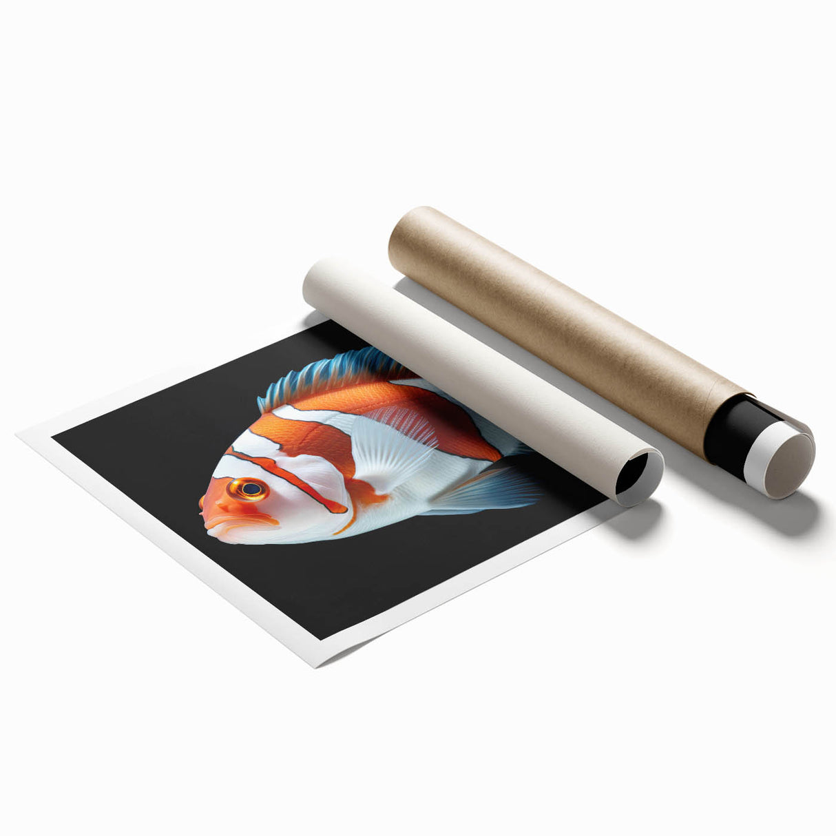 Vibrant marine life wall art print showcasing a colorful fish design, rolled and ready for framing. Perfect for ocean-themed decor enthusiasts.