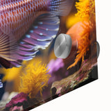 Colorful marine life wall art features a variety of fish designs in vibrant hues, displayed in a close-up view on acrylic glass, ideal for ocean-themed decor.