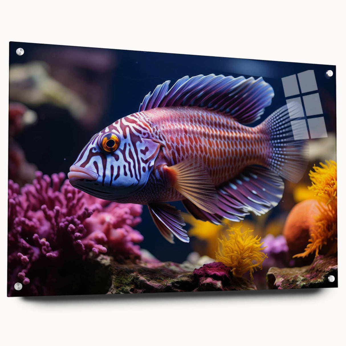 Colorful acrylic glass wall art collection showcasing marine life fish designs, displayed in a side view with pins, perfect for ocean-themed decor.