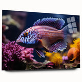 Colorful marine life acrylic wall art collection showcasing a vibrant fish design, presented in a side view without pins, ideal for ocean-themed decor.