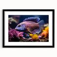 Framed marine life wall art collection showcasing a vivid fish design on a black background, ideal for ocean-themed decor. Perfect for enhancing aquatic aesthetics in living spaces.