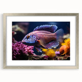Framed wall art featuring a vibrant marine life fish design, showcasing intricate aquatic details in bright colors, with a sleek silver frame and mat for an elegant display. Perfect for ocean lovers and home decor enthusiasts.