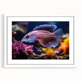 Framed marine life wall art collection featuring colorful fish designs, set against a white mat, perfect for ocean-themed decor in homes or offices.