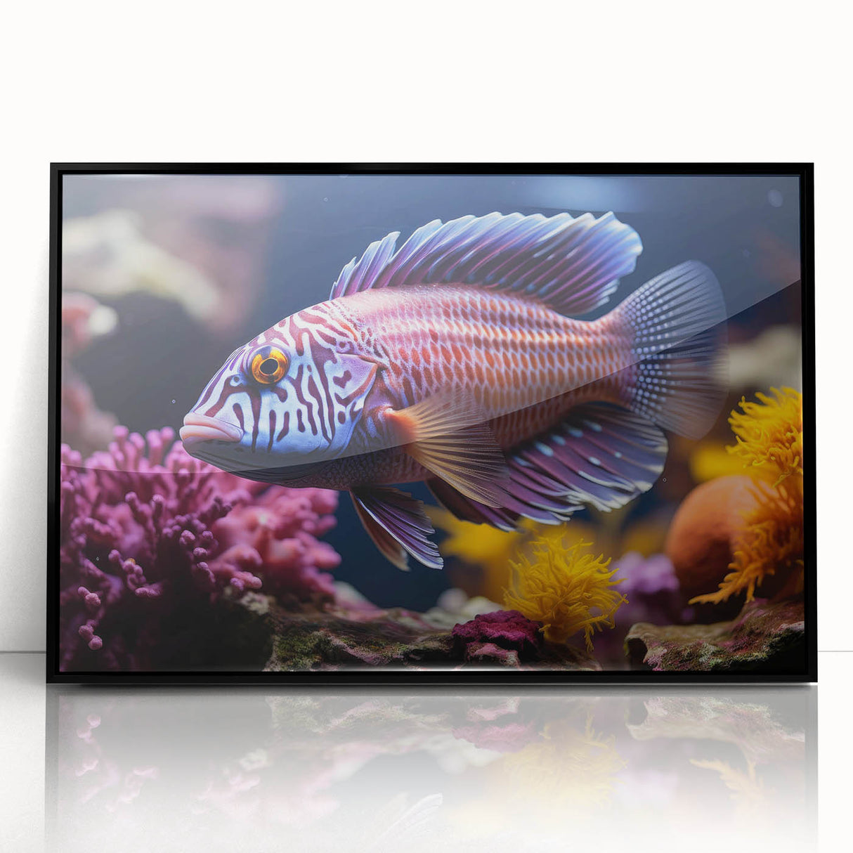 Framed acrylic wall art depicting a vibrant marine life fish design with a black frame, showcasing colorful underwater elements, ideal for ocean-themed decor.