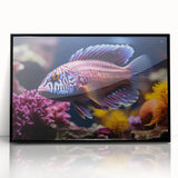 Framed acrylic wall art depicting a vibrant marine life fish design with a black frame, showcasing colorful underwater elements, ideal for ocean-themed decor.