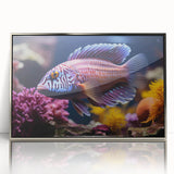 Framed wall art featuring a vibrant marine life fish design in shades of blue and green, set in a sleek silver frame, perfect for ocean-themed decor.