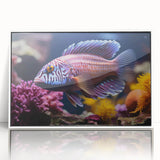Framed acrylic wall art showcasing a vibrant marine life fish design in a white frame, perfect for enhancing coastal-themed decor in homes or offices.