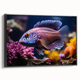 Framed canvas wall art showcasing a vibrant marine life fish design in an elegant black frame, viewed from the side, ideal for ocean-themed decor.