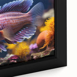 Close-up of a framed canvas artwork showcasing vibrant marine life fish design with intricate details, perfect for ocean-themed decor in a living space.