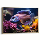 Framed canvas wall art showcasing a vibrant marine life fish design in gold tones, ideal for ocean-themed decor. Perfect for adding elegance to living spaces.