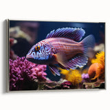 Framed canvas wall art showcasing a vibrant marine life fish design in silver, perfect for coastal decor. Ideal for ocean-themed interiors and art lovers.