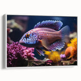 Framed canvas wall art showcasing a vibrant marine life fish design, featuring a white frame and side view, perfect for ocean-themed decor.