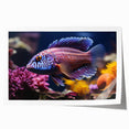Vibrant marine life wall art print showcasing colorful fish designs on a rolled canvas, perfect for ocean-themed decor, packaged securely in a protective tube.