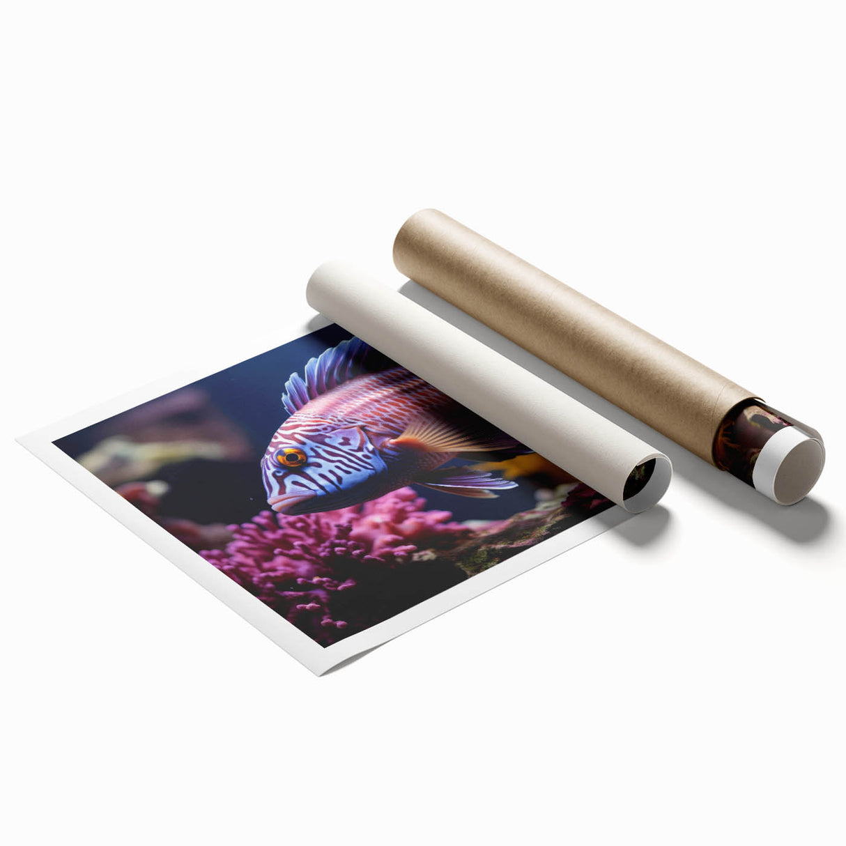 Vibrant marine life wall art print showcasing a colorful fish design, ideal for ocean-themed decor, rolled and ready for framing in a protective tube.