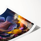 Vibrant marine life wall art print showcasing a variety of colorful fish, ideal for ocean-themed decor. Perfect for enhancing living spaces or galleries.