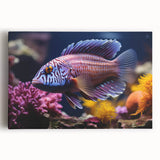 Stretched canvas wall art showcasing vibrant marine life fish designs in a colorful underwater scene, perfect for ocean-themed decor and marine enthusiasts.