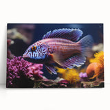 Vibrant stretched canvas wall art featuring an intricate marine life fish design in vivid colors, perfect for ocean-themed decor in homes or offices.